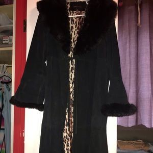 Long leather faux fur coat